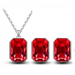 Platinum plated big shining red rectangle pendant with earrings